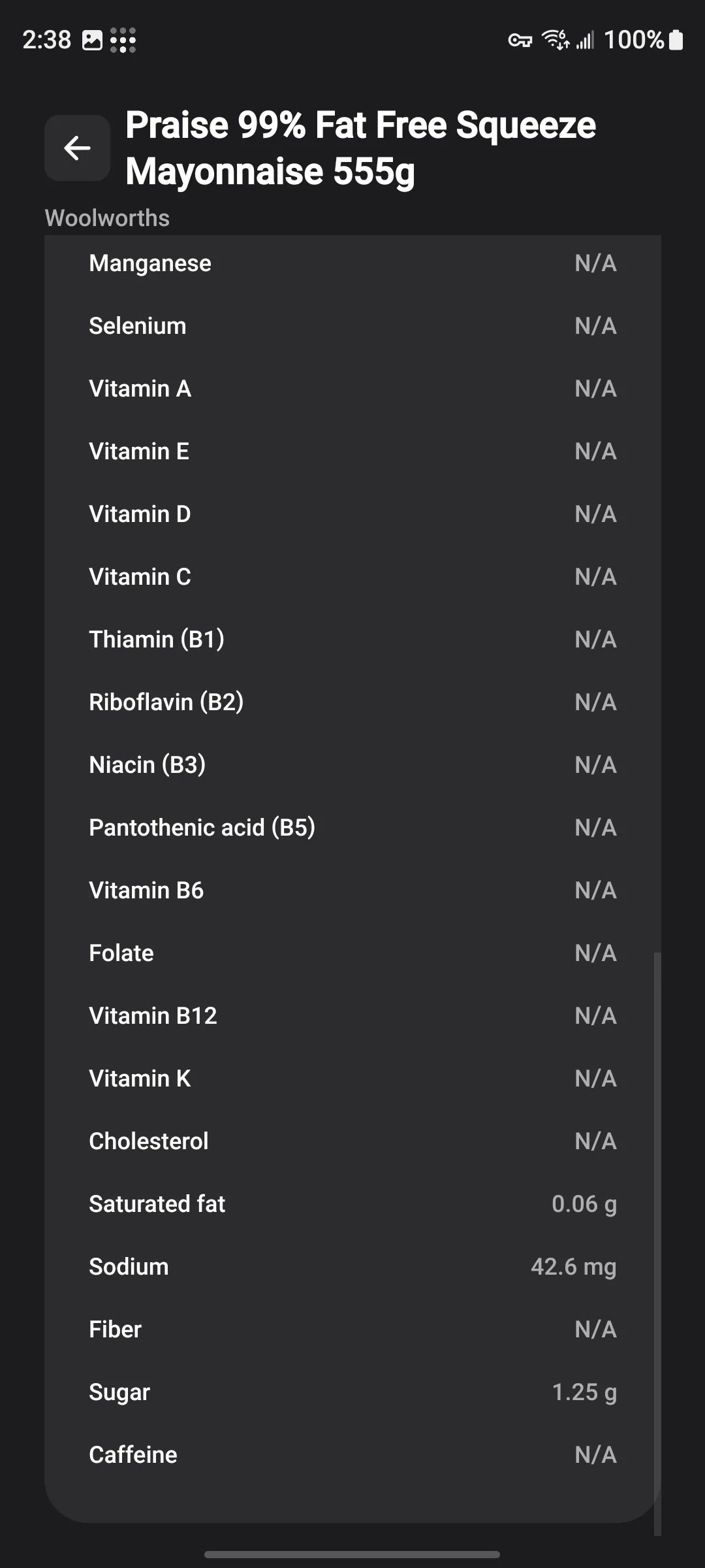 Food detail screen for a mayonnaise product listing individual micronutrients.
