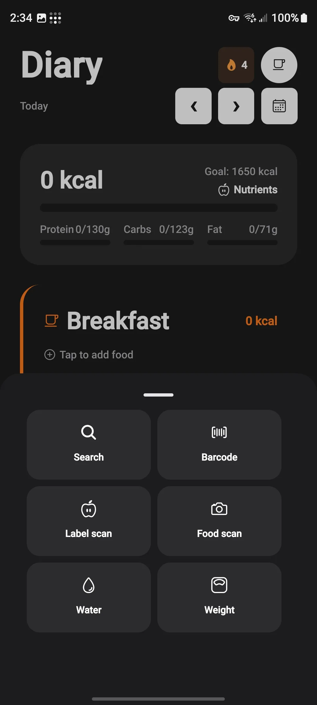Diary screen showing the calorie goal, protein, carbs and fat targets, and the logging shortcut bar.